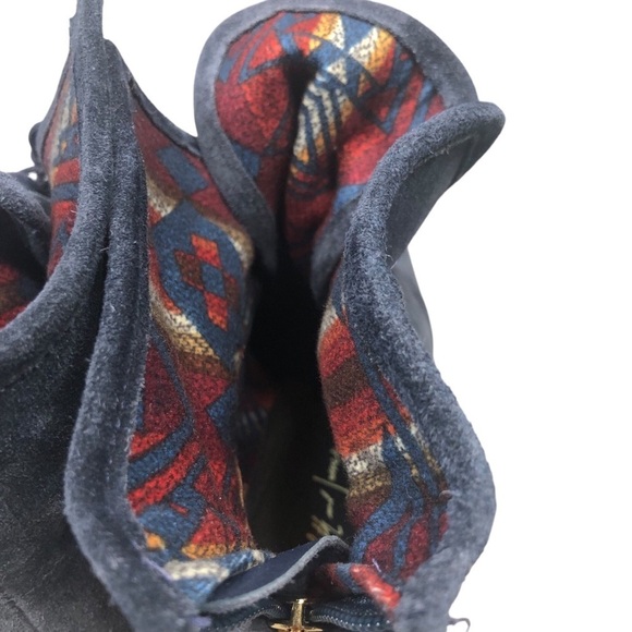 Elizabeth and James Blue Suede Lace Up Boots with Stiletto Heel and Navajo Print - Picture 5 of 10